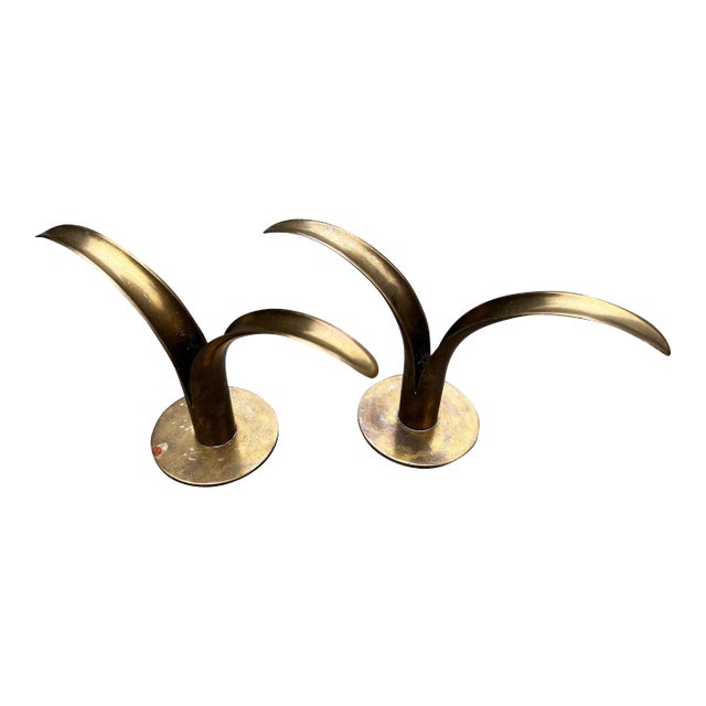 Mid 20th Century Ivar Ålenius Björk for Ystad Metall Swedish Brass Candle Holders - A Pair For Sale