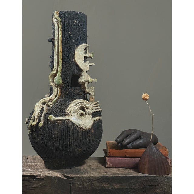 Vintage Brutalist Raku Vase Dimensions: Height 16.75" (42.5 cm), Diameter 9" (22.9 cm) Condition: Good vintage condition....
