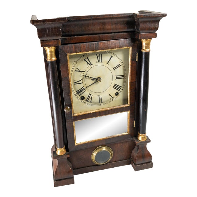19th Century Empire Style Rosewood Veneered Column Mantle Clock by Seth Thomas For Sale