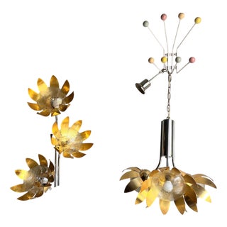Vintage Floral Top Light Pendant Lamp in Brass and Chrome Steel, 1970s For Sale