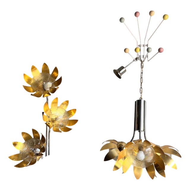Vintage Floral Top Light Pendant Lamp in Brass and Chrome Steel, 1970s For Sale