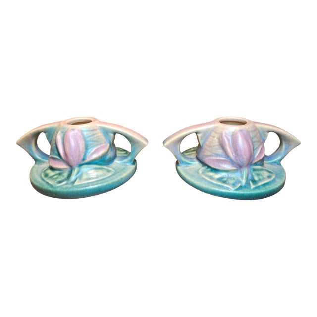 Pair of Roseville Water Lily Single Candle Holders For Sale