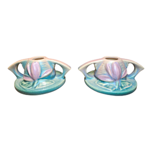 Pair of Roseville Water Lily Single Candle Holders