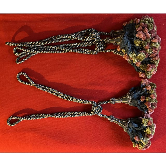 French Silk and Cotton Drapery Curtain Tassel Tie Backs - Set of 3 For Sale - Image 9 of 12