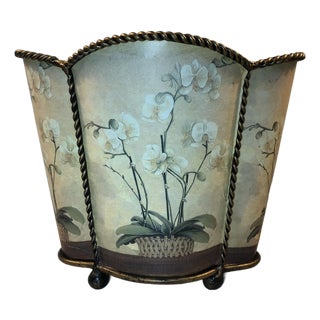 Vintage Tole Orchid Wastebasket With Scalloped Edge For Sale
