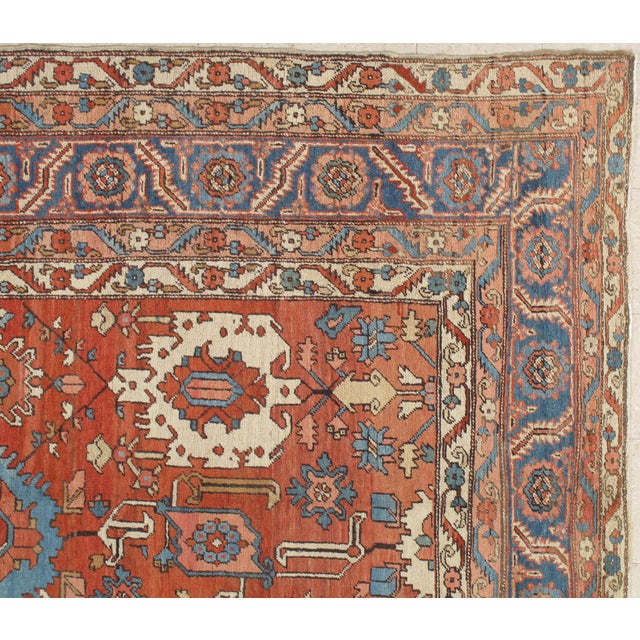Antique Persian Serapi Carpet, Handmade Wool Oriental Rug Ivory, Rust Light Blue For Sale - Image 10 of 18