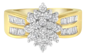 10K Yellow Gold 1.0 Cttw Round & Baguette Cut Diamond Floral Cluster Double-Channel Flared Band Statement Ring (H-I Color, SI2-I1 Clarity) - Size 6