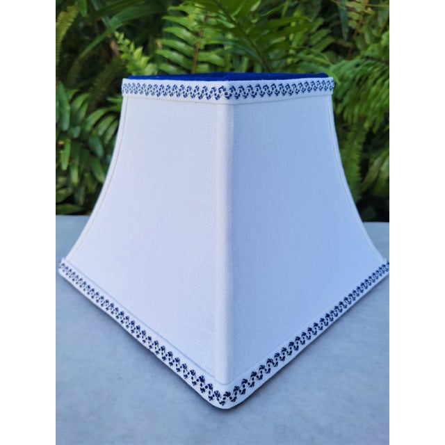 Metal Contemporary Small White Linen Lampshade Clip on Blue Trim Square Bell For Sale - Image 7 of 13