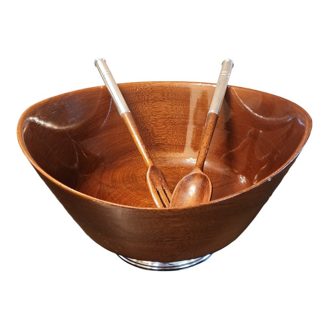 1960s Mid Century Modern Mahogany and Sterling Silver Bowl and Utensils For Sale