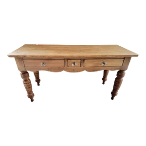 Antique Pine Console Table With 3 Drawers and Glass Knobs From England - Circa 1870