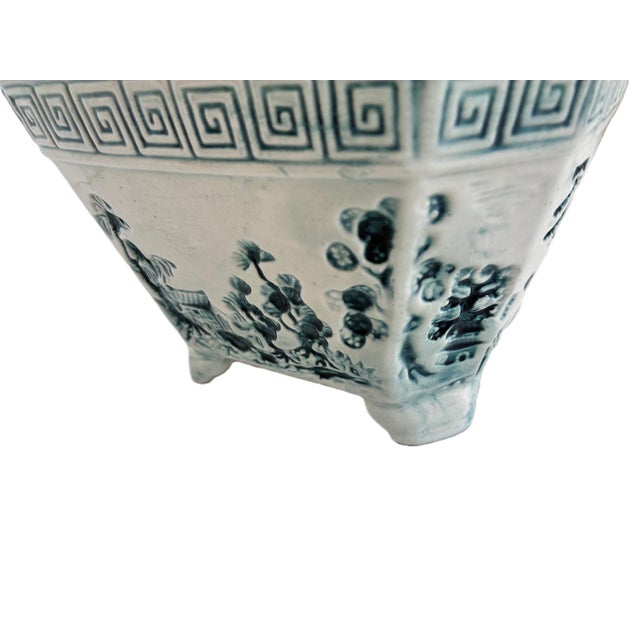 Mid-Century Blue White Chinoiserie Ceramic Footed Cachepot With Greek Key Border For Sale - Image 9 of 13