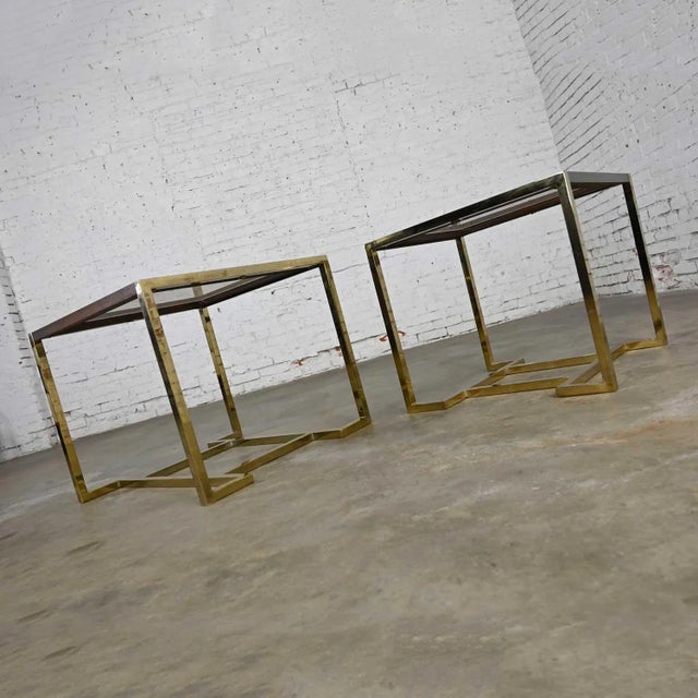 1970s Modern End Tables 2 Sizes Brass Plated Dark Wood & Smoked Glass Rectangles by Thomasville Furniture Style of Milo Baughman, a Pair For Sale - Image 5 of 17