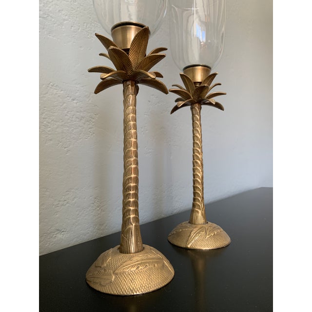 Vintage Large Brass Palm Candleholders With Hurricanes- a Pair For Sale - Image 4 of 9