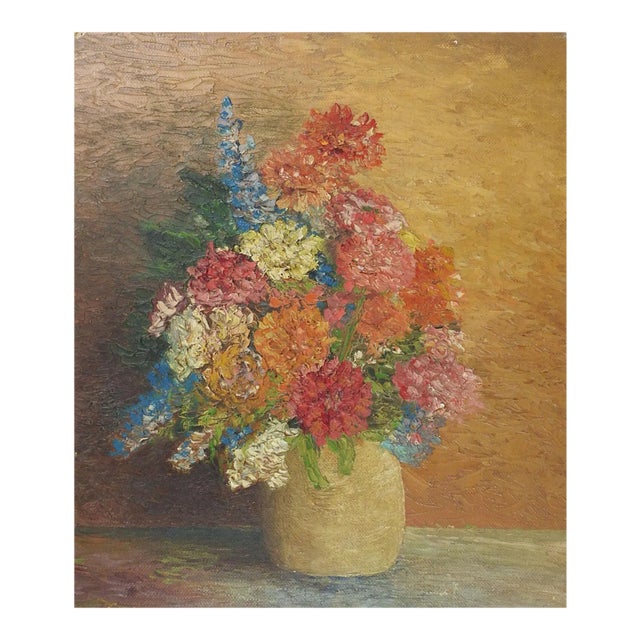 Vintage Red Ochre & Blue Floral Still Life Painting For Sale