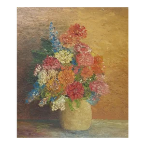 Vintage Red Ochre & Blue Floral Still Life Painting