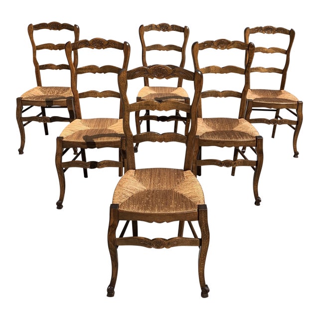 1910s Vintage French Country Rush Seat Walnut Dining Chairs Set of 6