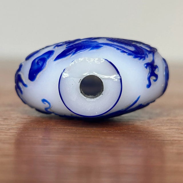 Blue Early 20th Century Chinese White Peking Glass Blue Overlay Carved Dragon Snuff Bottle For Sale - Image 8 of 10