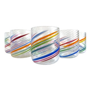 Vintage 1980s Post Modern Hand Blown Studio Art Glass Multicolor Abstract Swirl Glasses - Set of 6 For Sale