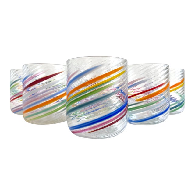 Vintage 1980s Post Modern Hand Blown Studio Art Glass Multicolor Abstract Swirl Glasses - Set of 6 For Sale