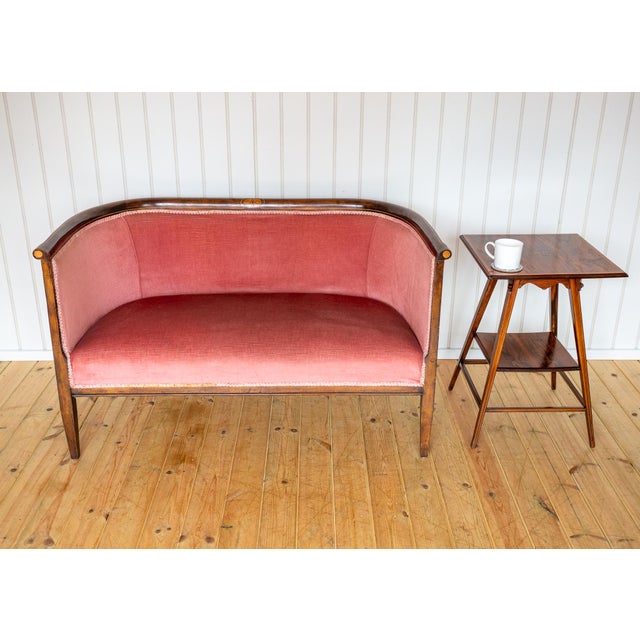 Antique Art Nouveau Edwardian Mahogany Barrel Back 2-Seater Settee Sofa, 1910s For Sale - Image 4 of 18
