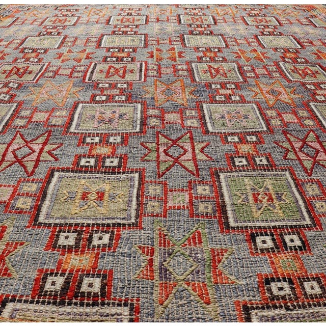Tribal Mid 20th Century Colorful Vintage Turkish Kilim Embroidered With Star Design in Gray and Green For Sale - Image 3 of 12