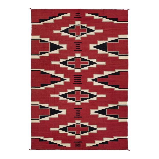 Modern Navajo Style Southwest Wool Rug - Crimson Red & Geometric Diamond Motif For Sale