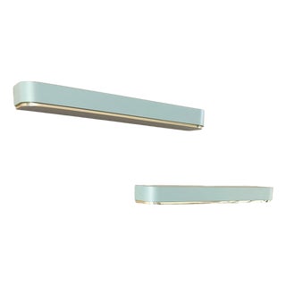 Postmodern Baby Blue Laminate Floating Sconce Shelves With Gold Accents - A Pair For Sale