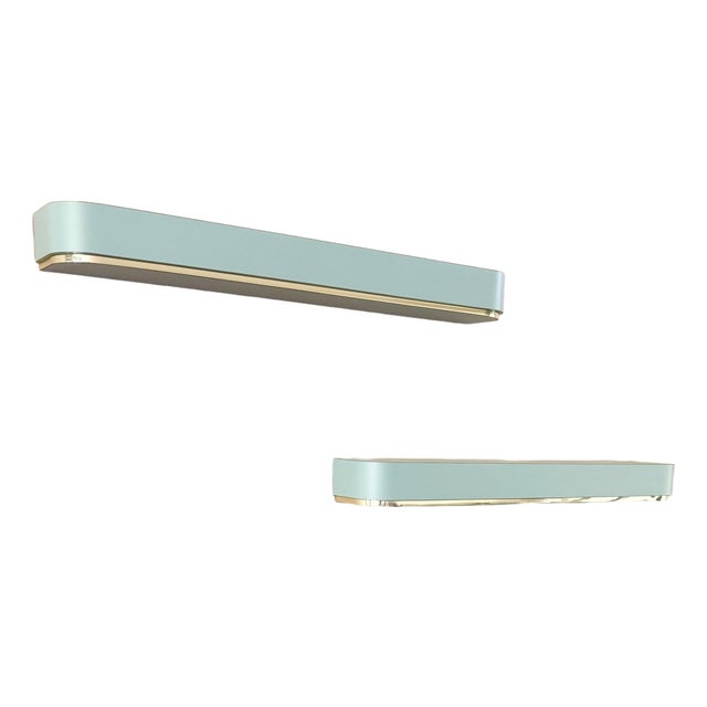 Postmodern Baby Blue Laminate Floating Sconce Shelves With Gold Accents - A Pair For Sale