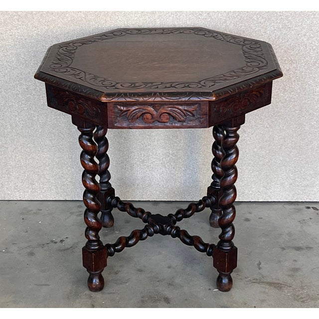 Spanish Antique Hexagonal Side or Center Walnut Table With Six Carved Legs For Sale - Image 3 of 13
