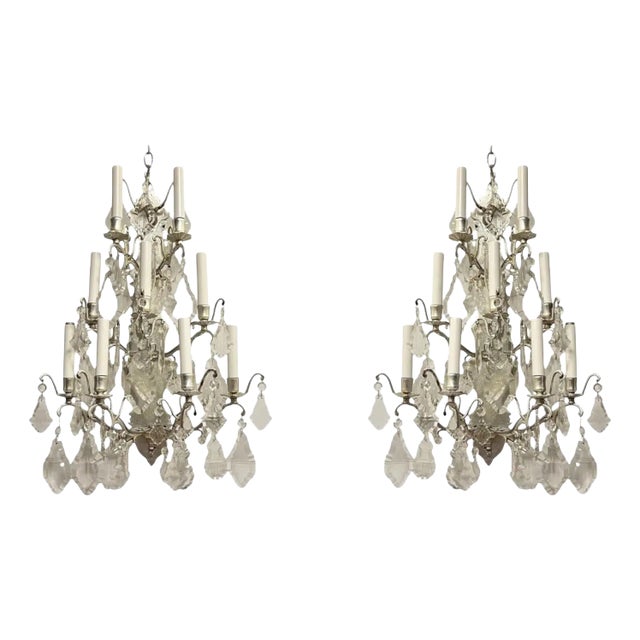 Vintage Silvered Bronze and Crystal 9-Light Sconces - A Pair For Sale