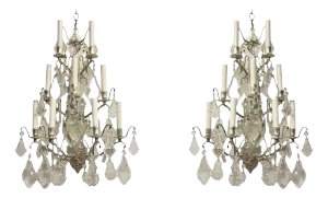Vintage Silvered Bronze and Crystal 9-Light Sconces - A Pair