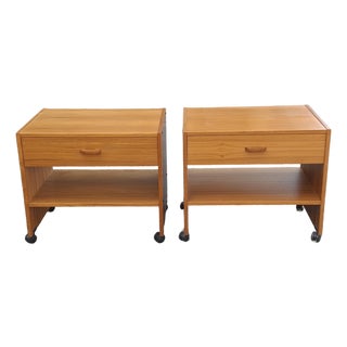 Late 20th Century Pair Scandinavian Modern Teak Rolling Side Tables or Nightstands For Sale