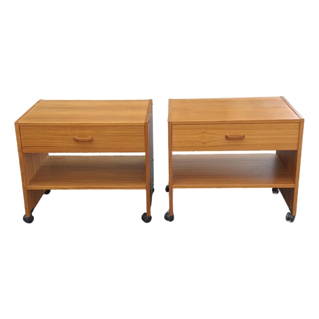 Late 20th Century Pair Scandinavian Modern Teak Rolling Side Tables or Nightstands For Sale