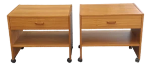 Late 20th Century Pair Scandinavian Modern Teak Rolling Side Tables or Nightstands