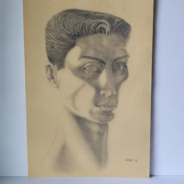 1950s Vintage Pencil Drawing Male Self Portrait 1956 Unframed 14x20 Signed Lardis For Sale - Image 5 of 5