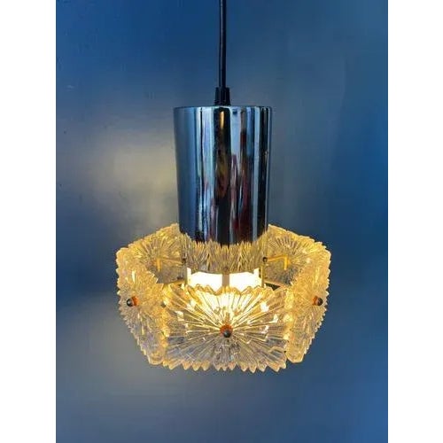 Mid-Century Crystal Glass Hanging Lamp with Chrome Frame For Sale - Image 5 of 11