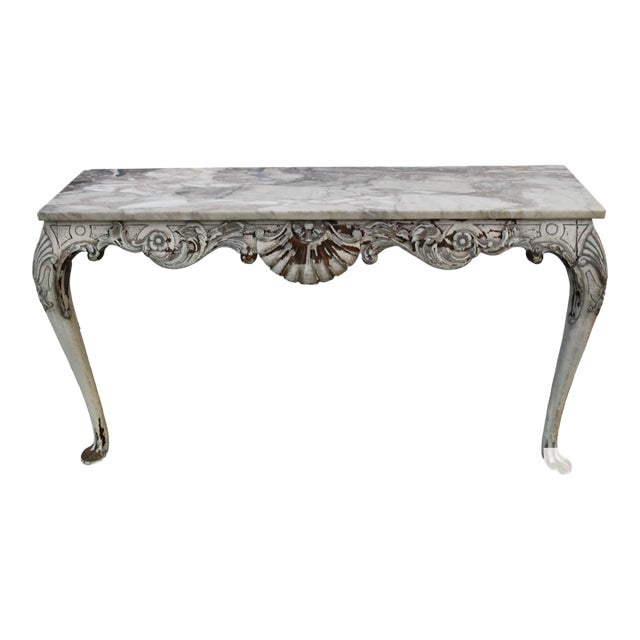Carved Walnut Console Table Vintage Venetian White Marble Top Louis XV Style 50s For Sale