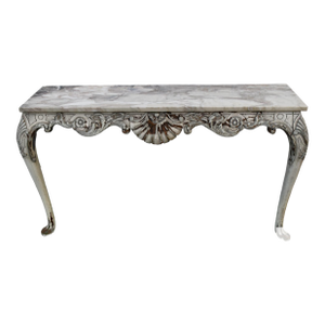 Vintage Venetian Carved Walnut Marble Top Distressed White Wall Console