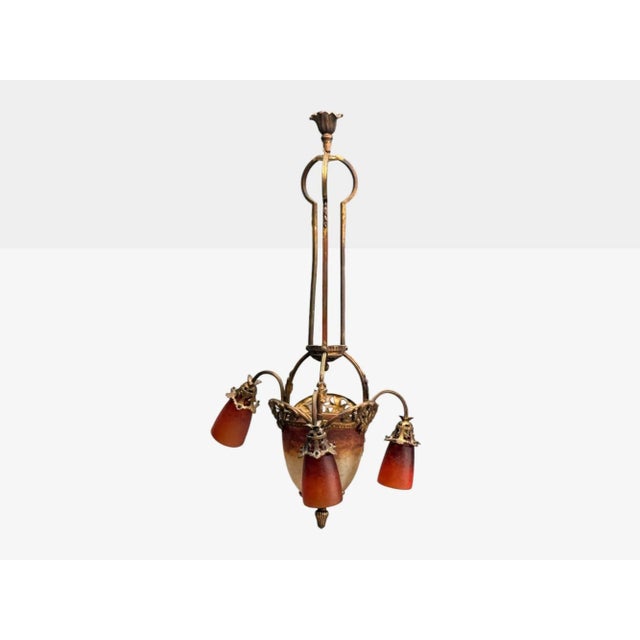 Red Muller Frères, French Art Deco, Bronze, Glass, Chandelier, France, 1920s For Sale - Image 8 of 10