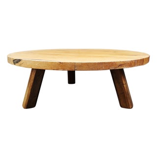 Large Brutalist Round Tripod Wooden Coffee Table, 1960s For Sale
