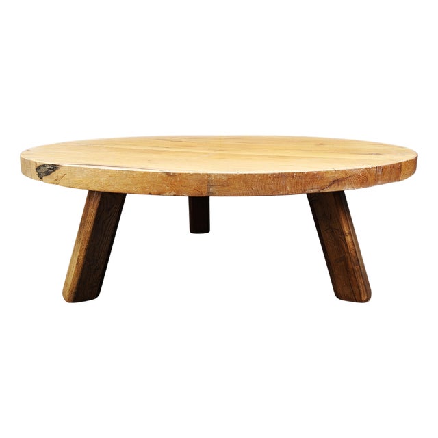 Large Brutalist Round Tripod Wooden Coffee Table, 1960s For Sale