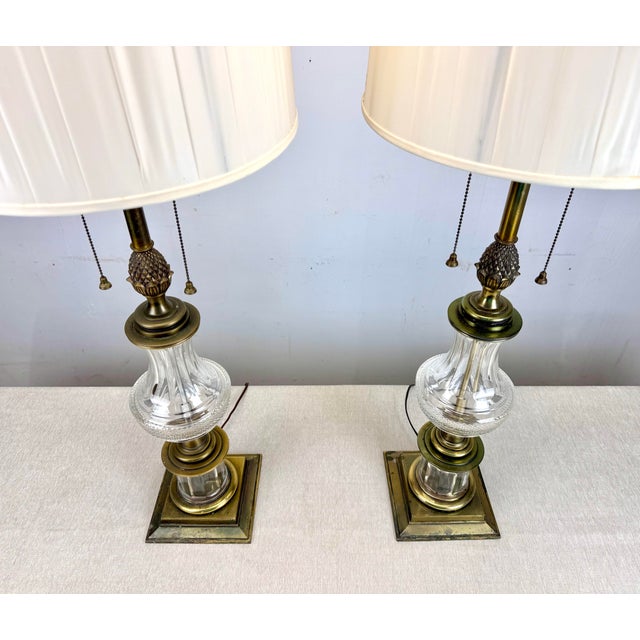Brass 1970’s Stiffel Hollywood Regency Brass & Crystal Table Lamps For Sale - Image 8 of 12