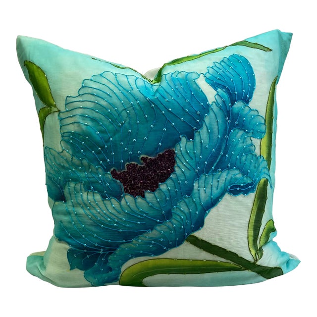 Glam Poppy Floral Print Beaded Silk Georgette Pillow Cover For Sale