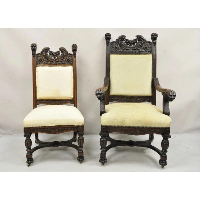 Antique Renaissance Revival Figural Lion Carved Oak Wood Dining Chairs attributed to RJ Horner - Set of 6. Listing...