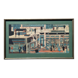 Mid 19th Century Original Japanese Woodblock Utagawa Yoshikazu 1861 Interior of American Steamship, Framed
