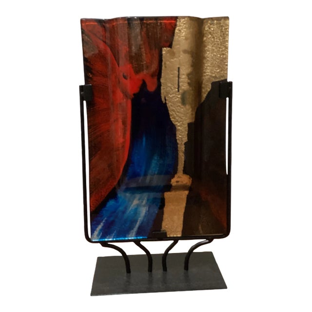 Early 21st Century Jasmine Art Glass Rectangular Handmade Fused Glass Vase With Metal Stand Gold/Blue/Red Streak For Sale