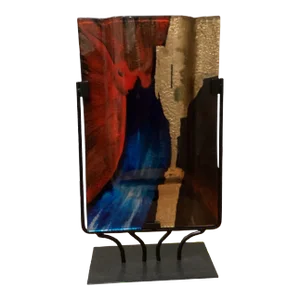 Early 21st Century Jasmine Art Glass Rectangular Handmade Fused Glass Vase With Metal Stand Gold/Blue/Red Streak