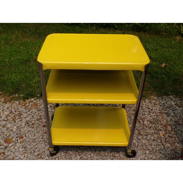 Metal Vintage Industrial Yellow Cosco Chrome Kitchen 3 Shelf Utility Cart With Wheels For Sale - Image 7 of 18