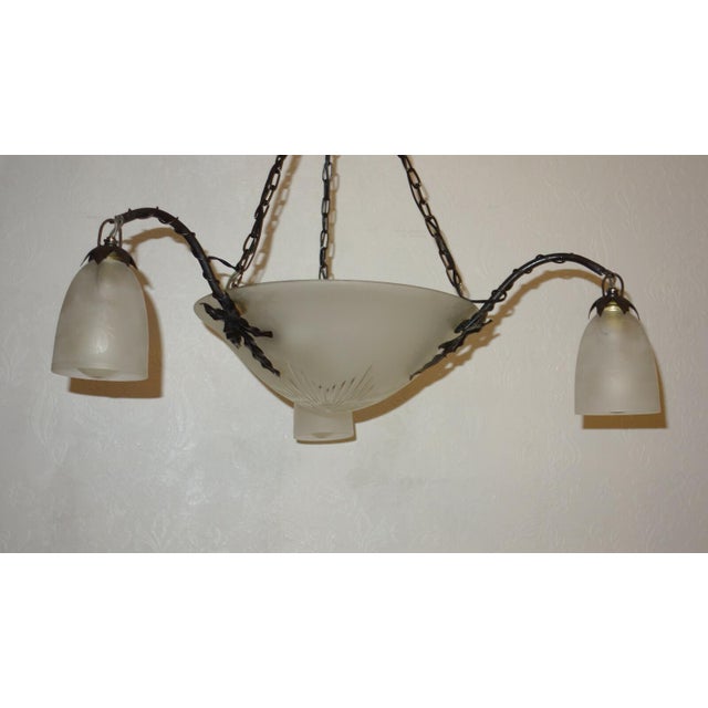 Brown Antique Art Nouveau French Metal and Glass 4-Light Chandelier, 1890s For Sale - Image 8 of 10