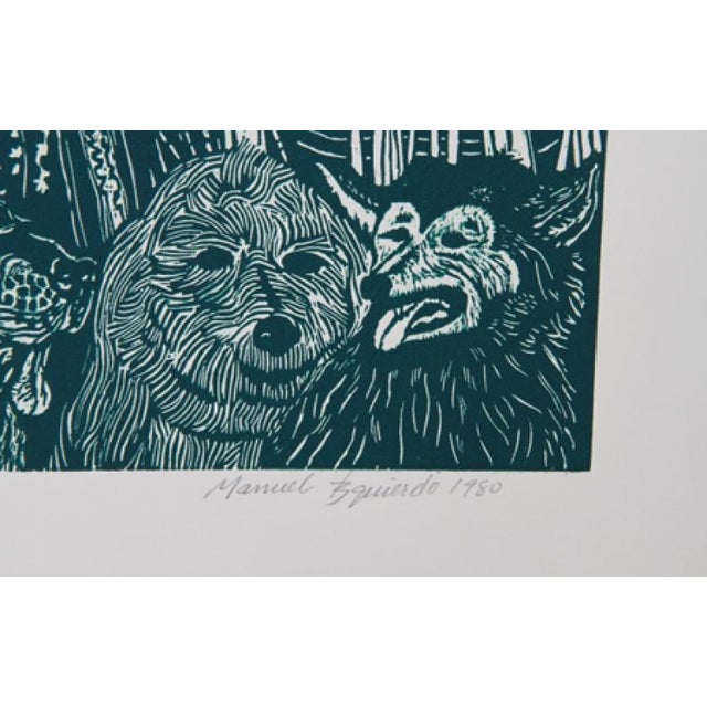 A detailed woodcut by Spanish artist Manuel Izquierdo (1925 - ), entitled Night Festival (Green), circa 1980. The woodcut...